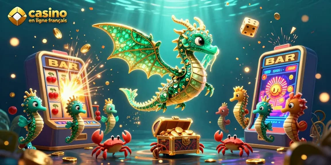 Illustration de casino en ligne français avec un dragon de mer 3D, machine à sous dynamique et effets de jackpot.