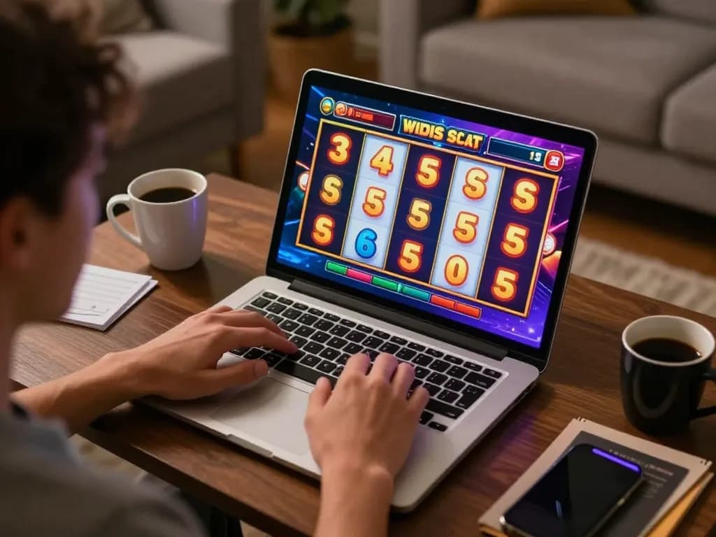Engaging with situs slot game at home, vibrant reels in mid-spin, cozy atmosphere.