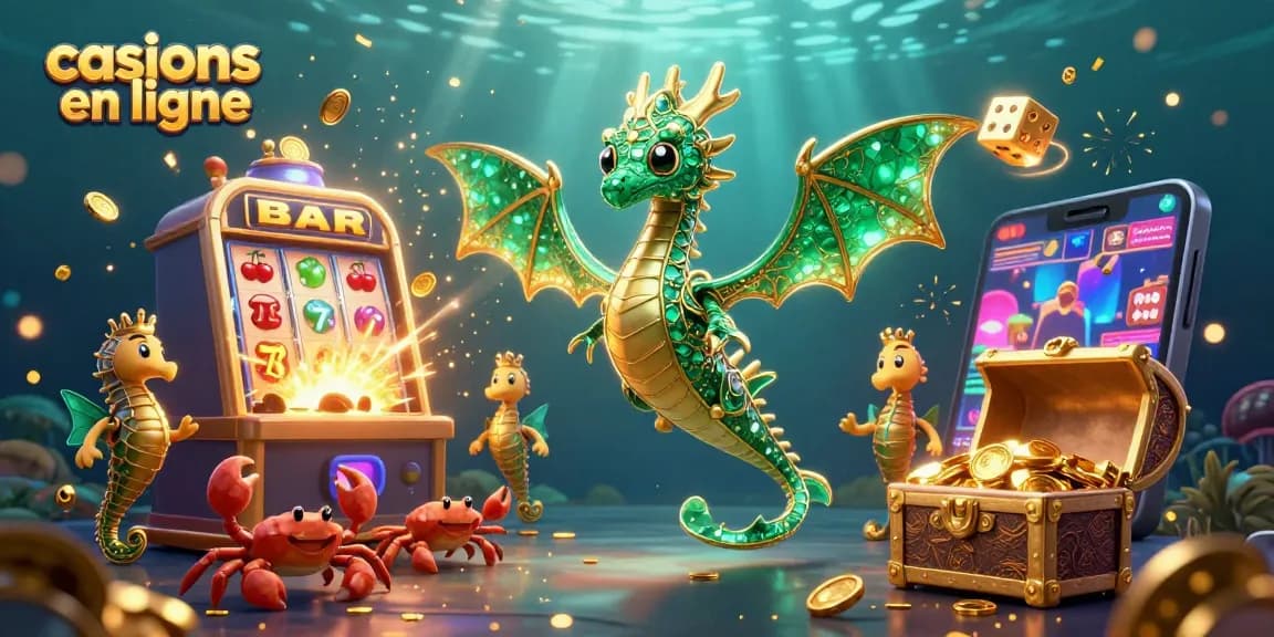 Gagnez avec les casinos en ligne : illustration animée d'un dragon de mer et d'une machine à sous