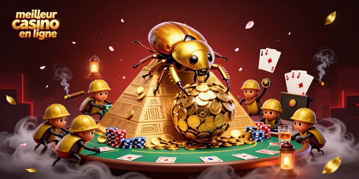 Illustration dynamique d'un meilleur casino en ligne avec des personnages de coccinelles et éléments de jeu.