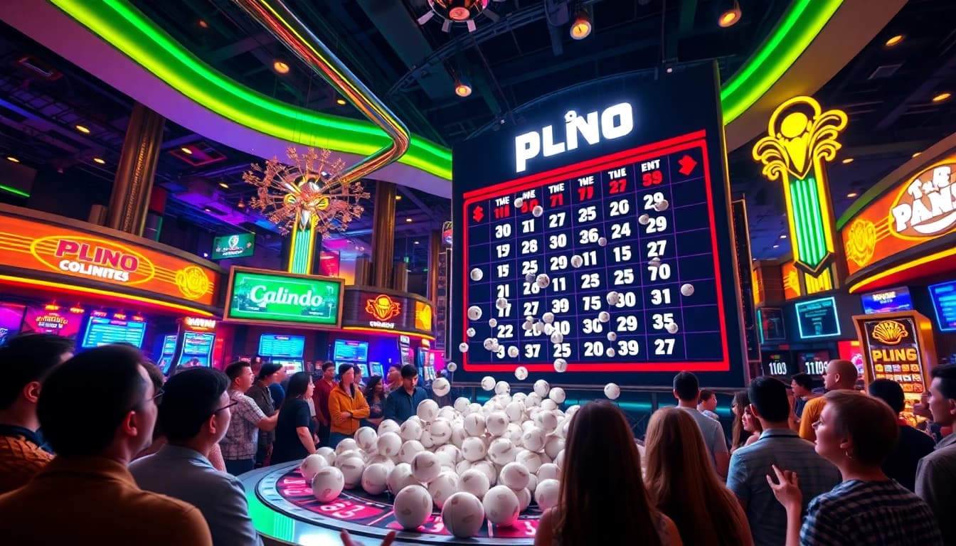 Permainan situs plinko yang menegangkan dengan bola jatuh di papan besar, menciptakan suasana kasino yang ceria.