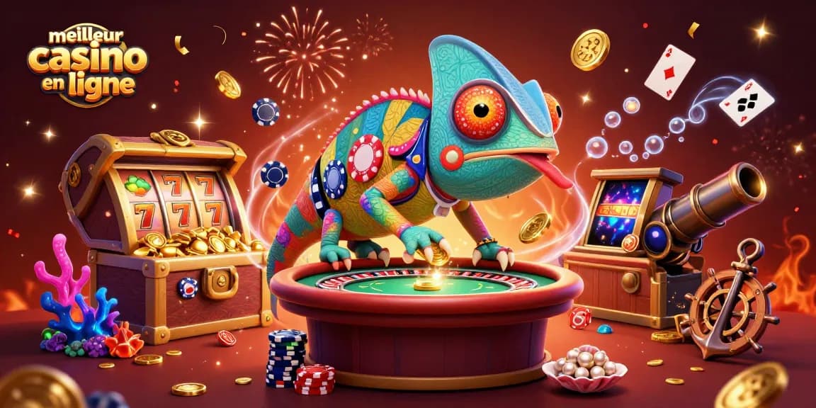 Visualisez le meilleur casino en ligne avec un caméléon animateur capturant des pièces d'or dans un décor vibrant.