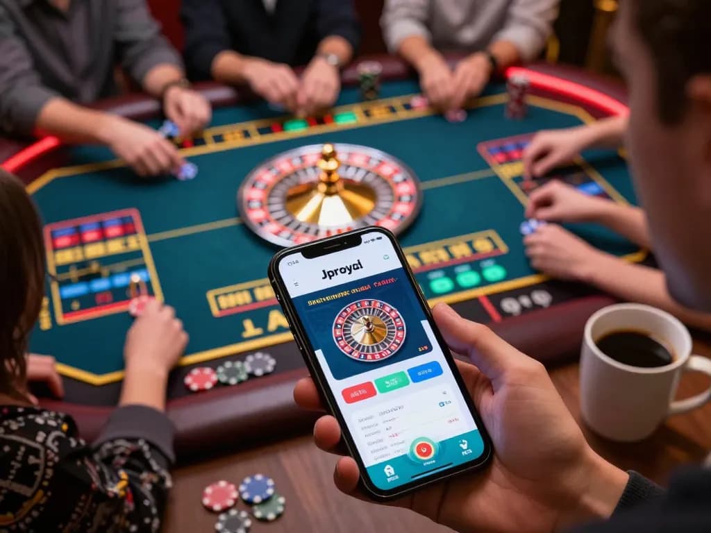 Players enjoying live roulette online with jproyal app interface displayed on smartphone, showcasing engaging gameplay.