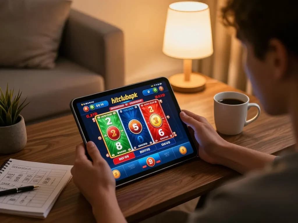 Engaging gameplay on hitclubapk app displayed on tablet amidst cozy living room setting.