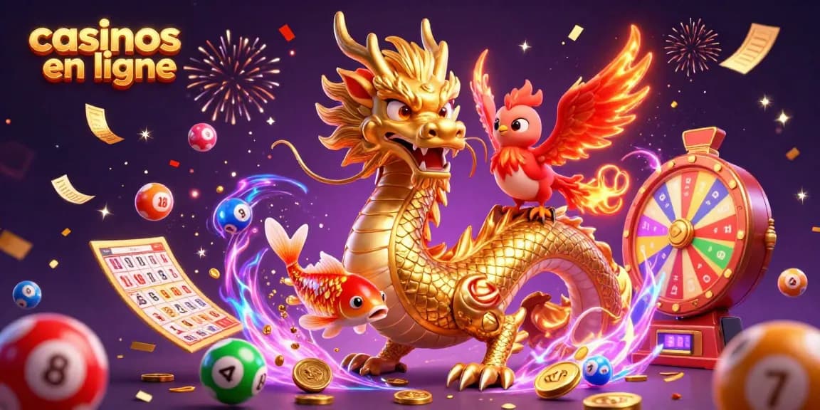 Illustration dynamique de casinos en ligne avec dragon, phénix et poissons, jeu et chance