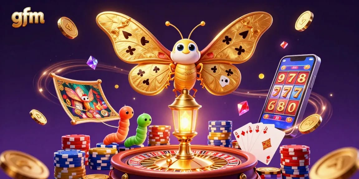 Engage with the vibrant gfm casino scene showcasing golden moths, coins, and immersive game elements.