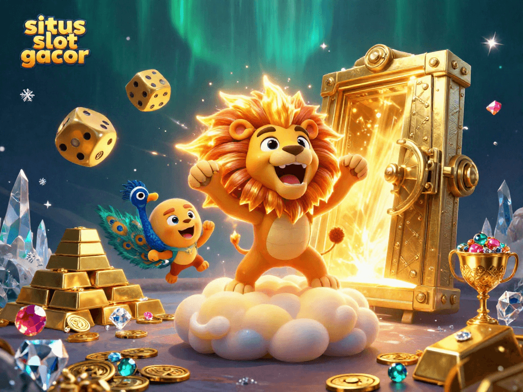 Visualisasi situs slot gacor dengan karakter kasino, simbol permainan, dan harta berlimpah.