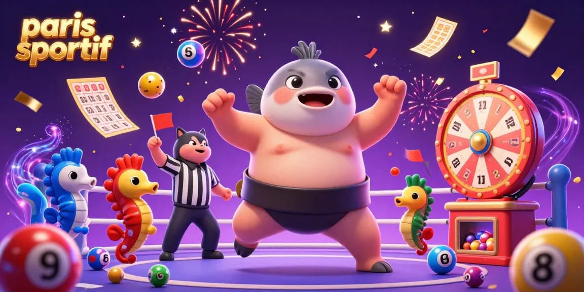 Illustration dynamique de paris sportif mettant en scène un fugu et un arbitre, entourés de balles de loterie colorées.