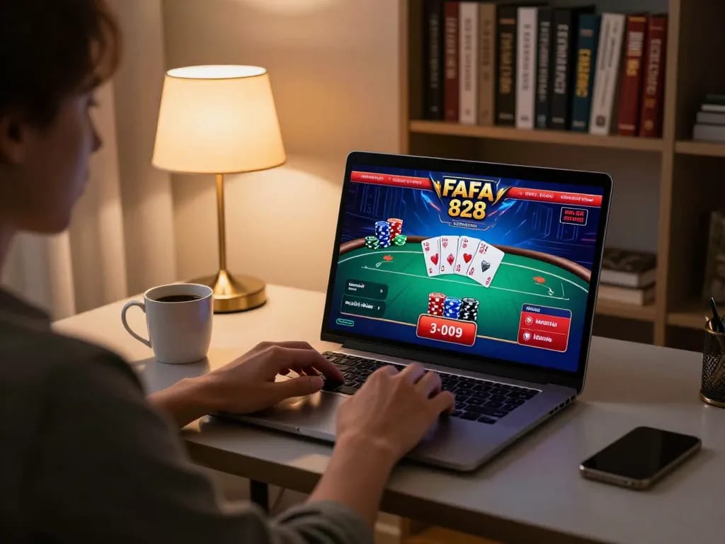 Engaging in online gaming at FAFA 828, using a laptop for immersive poker strategy.