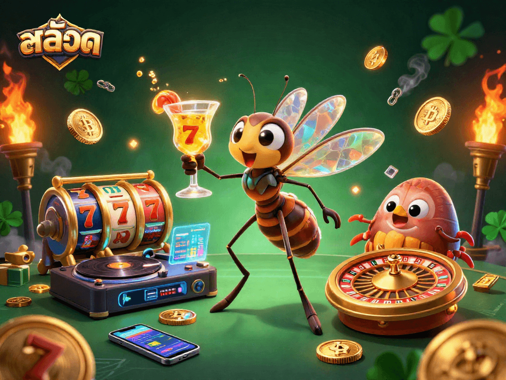 Engage in thrilling สล็อต adventures with vibrant characters and casino symbols in this dynamic 3D illustration.