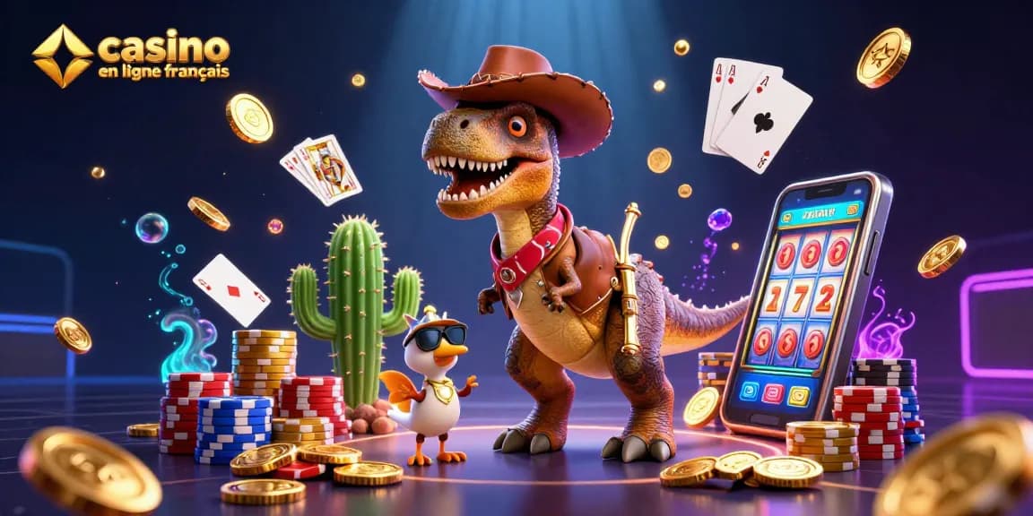 Visuel dynamique de casino en ligne français avec un dinosaure en cowboy entouré de pièces d'or et de cartes à jouer.