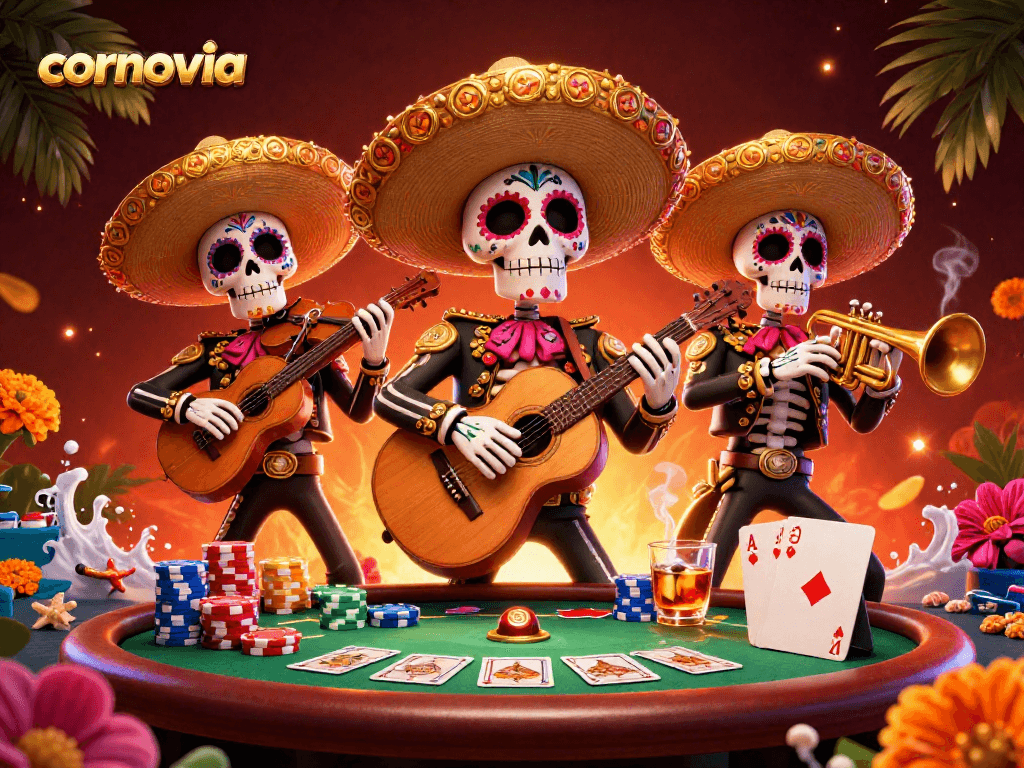 Join the thrilling action at cornovia's vibrant 3D casino scene with mariachi skeletons playing amidst poker excitement.