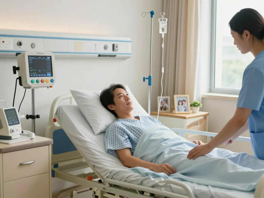 giường bệnh nhân in a hospital room with caregiver adjusting height