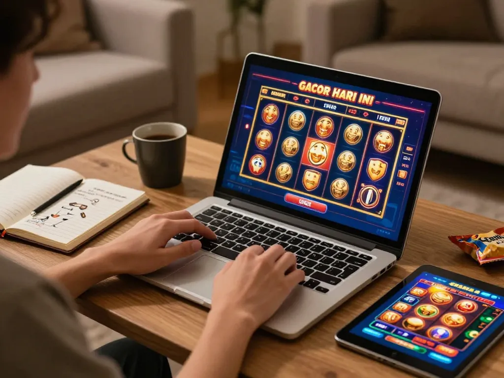 Playing slot gacor hari ini on a laptop at home, showcasing a dynamic online casino setup with vibrant display.