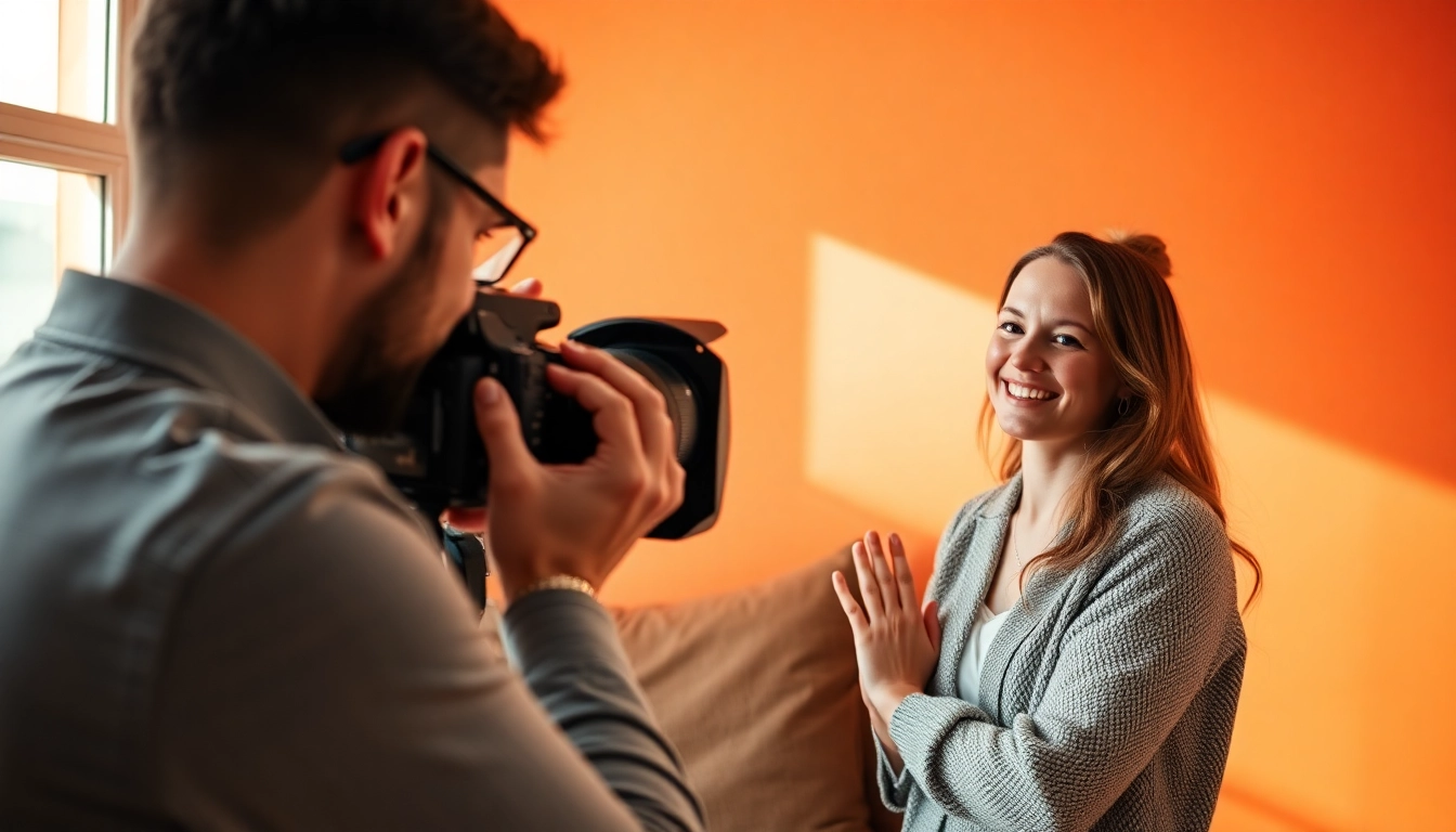 Capture a joyous moment in a photography company edmonton studio, highlighting a professional portrait setup.