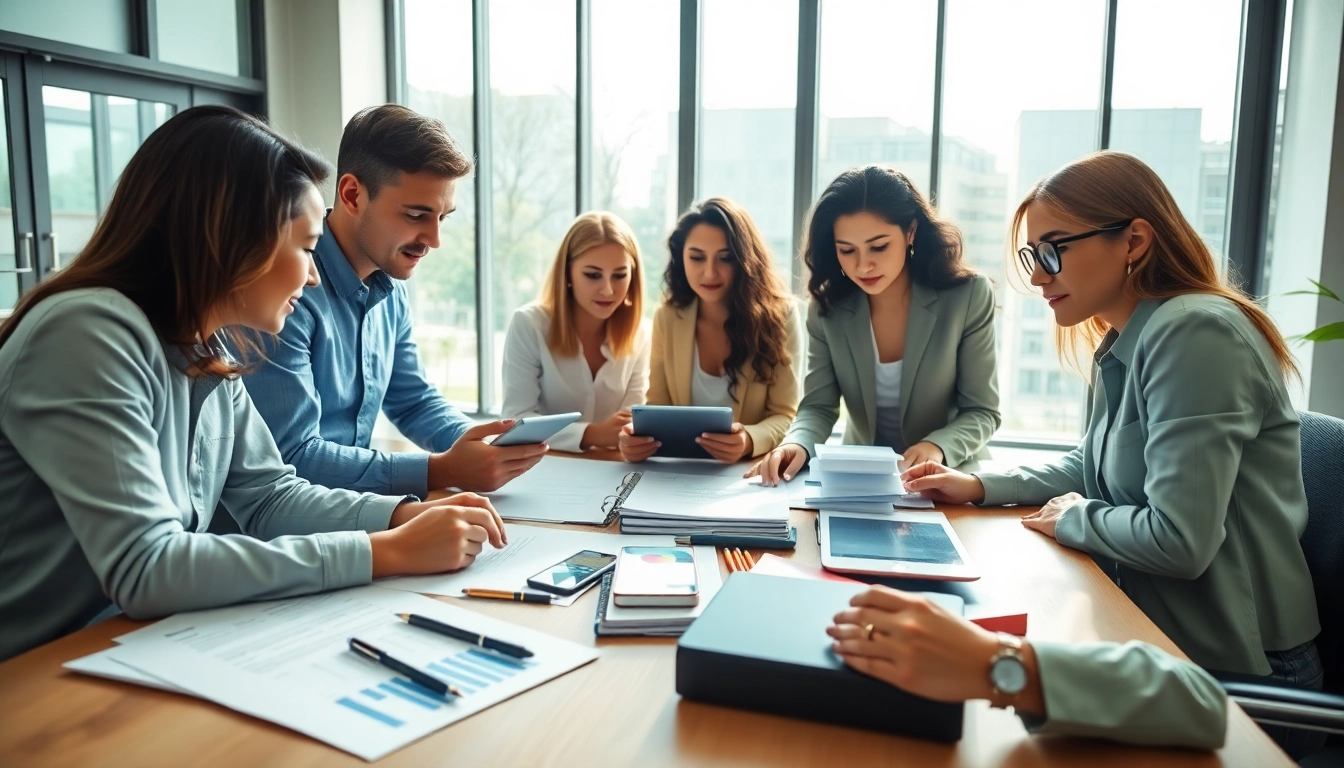 Team collaborating on Contract Management strategies in a bright, professional office setting.