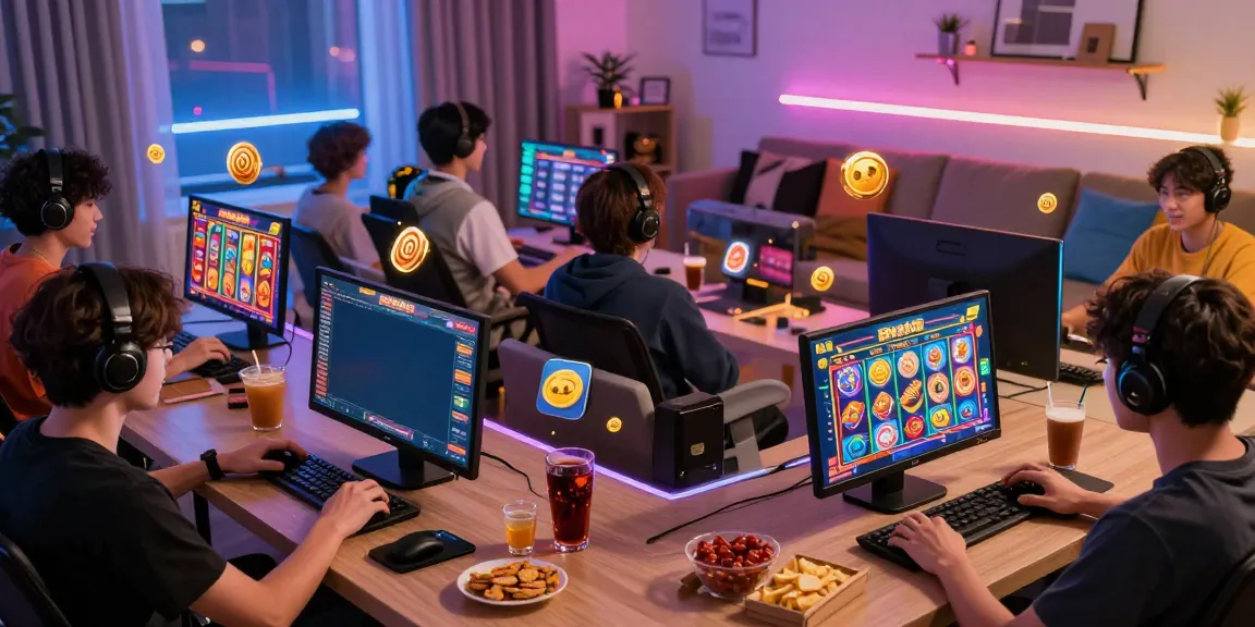 Permainan slot777 online dengan pemain beragam terlibat di perangkat mereka, atmosfer penuh kegembiraan dan kemenangan.