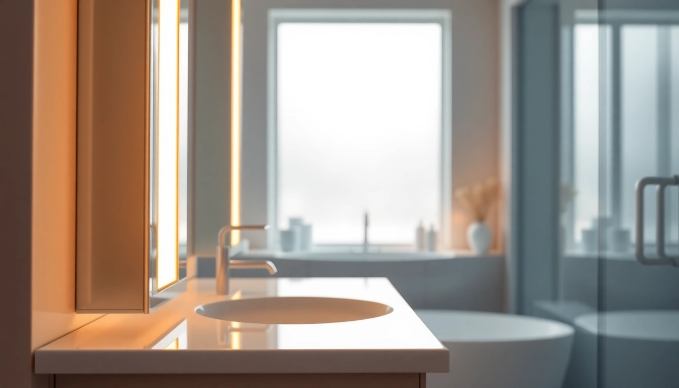 Showcasing a mirrored bathroom cabinet with light reflecting in a serene bathroom setting.
