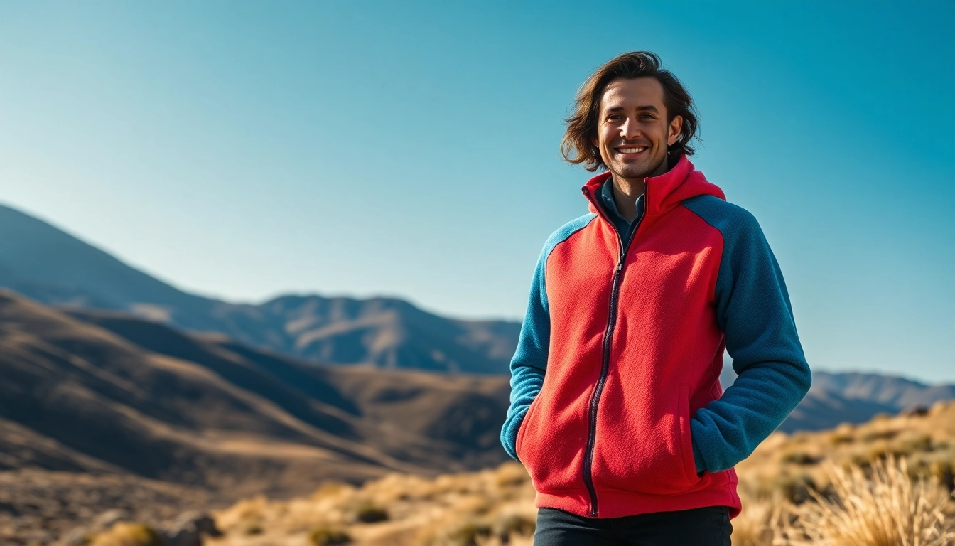 Geodkope fleece jacket model in a scenic outdoor setting showcasing comfort and style.