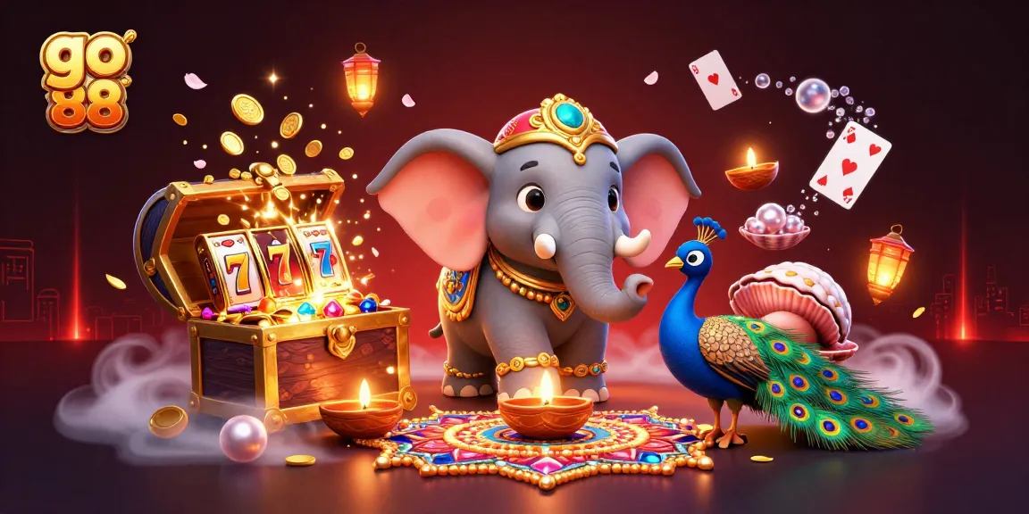Engage with go 88 in a vibrant casino scene filled with colorful slot reels, festive decorations, and floating cards