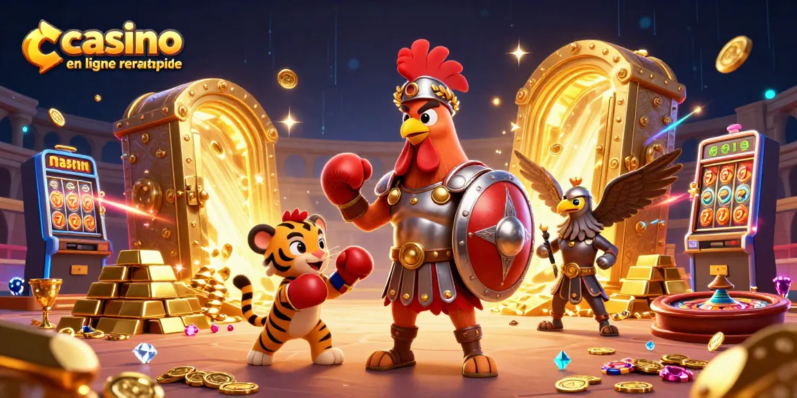 Casino en ligne retrait rapide : Une scène vibrante avec un coq gladiateur et un tigre dans une arène de jeux d'argent.