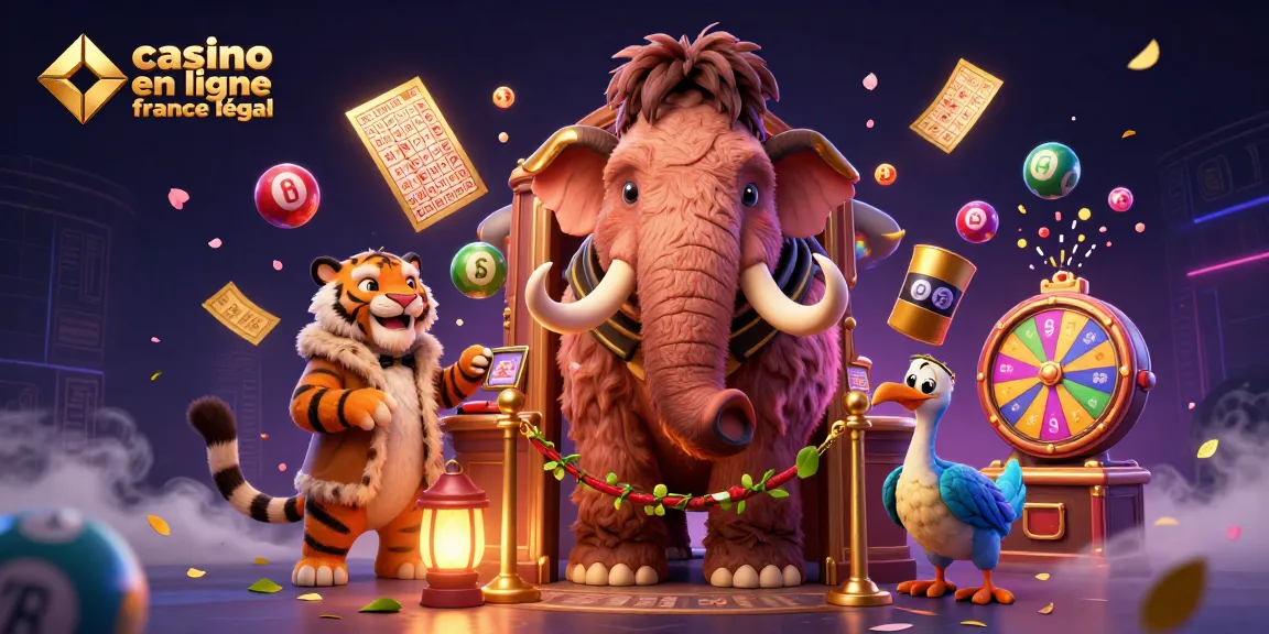 Visualisez le casino en ligne France légal avec un mammouth de sécurité, un tigre VIP et des ballons colorés. Jouez avec confiance!