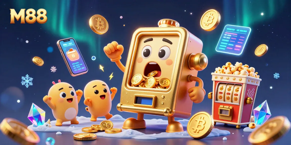 M88 celebrates wins with a vibrant, animated scene of a golden slot machine hitting a jackpot.