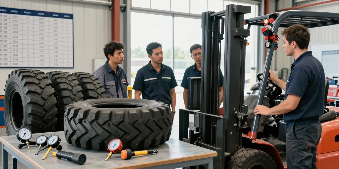 Forklift tyres for sale discussed by technicians in an industrial setting, showcasing solid, pneumatic, and polyurethane options.