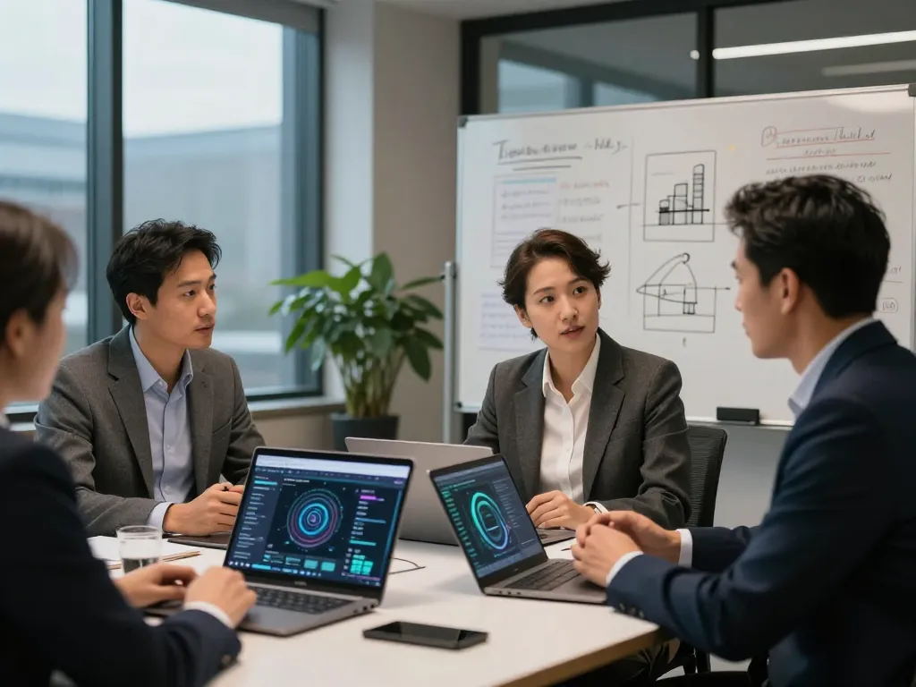 Professionals discussing AI +18 technologies in a modern office setting