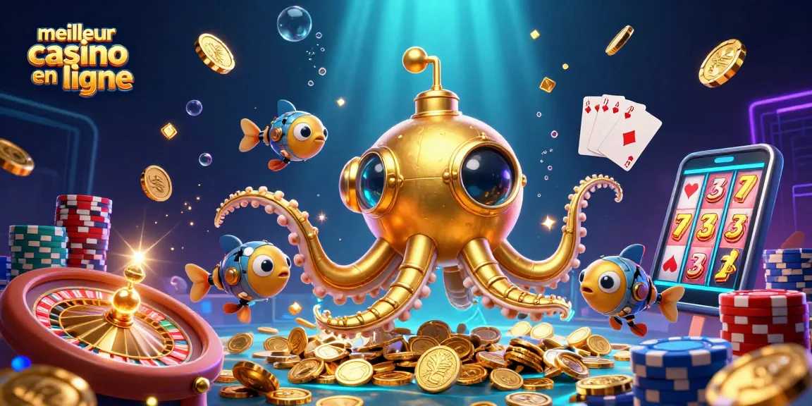 Plongez dans le meilleur casino en ligne avec un kraken doré entouré de pièces d'or et de cartes de poker.