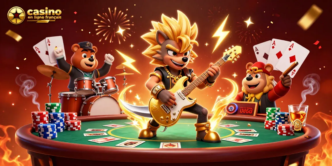 Illustration vibrante dépeignant un casino en ligne français avec des personnages animés en pleine action.