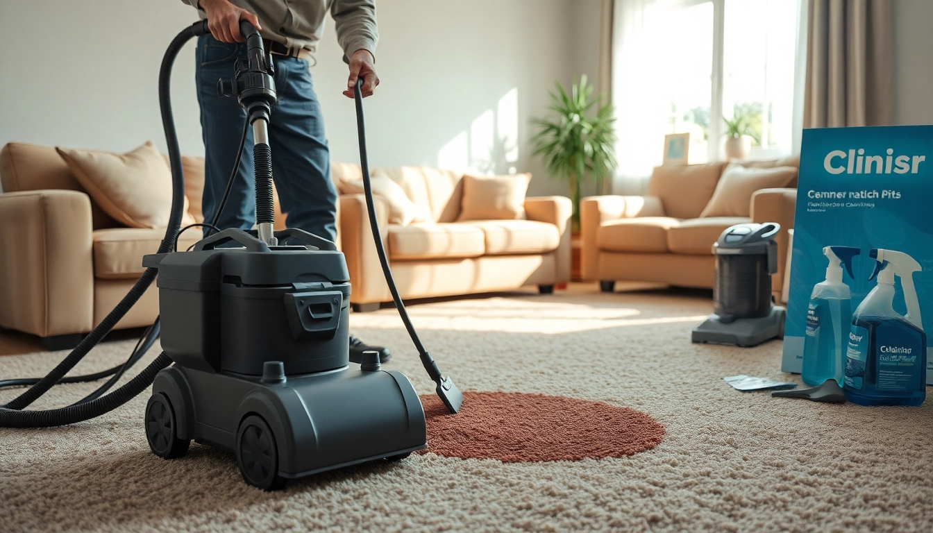 Find the best carpet cleaners near me with a technician actively cleaning a carpet in a bright setting.