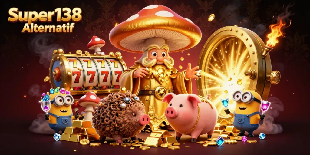 Experience the magic of Super138 Alternatif with vibrant golden slots and treasure in this enchanting illustration.
