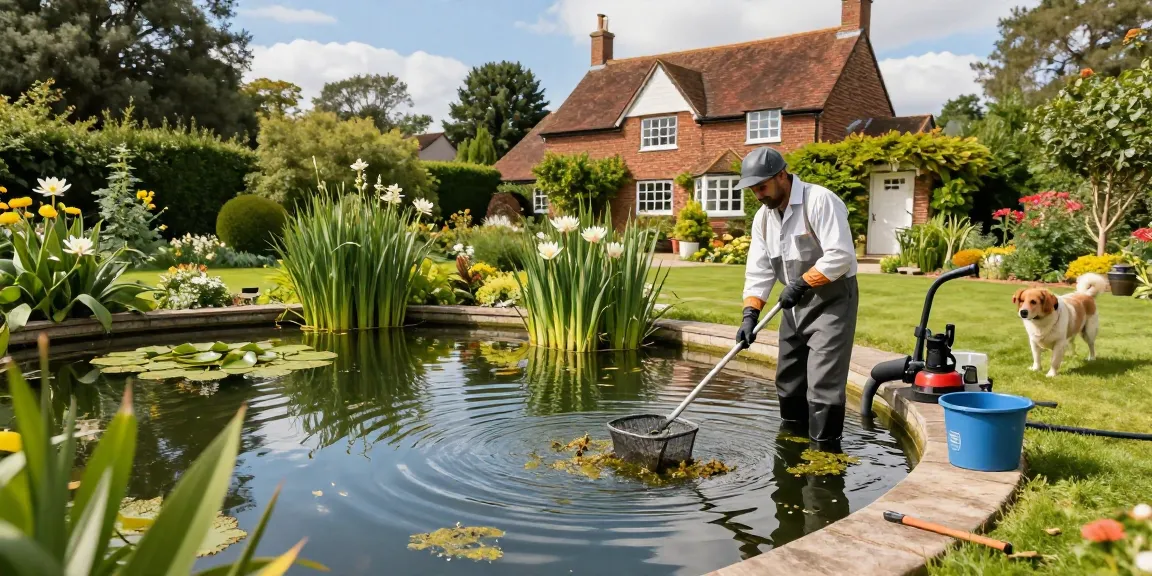 Pond Cleaning Sussex services in a peaceful garden setting, professional cleaning water and removing debris