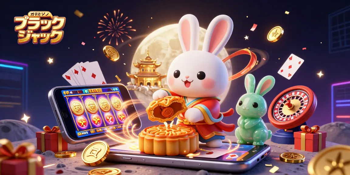 オンライン カジノ ブラック ジャックでの勝利を祝う3Dイラスト、月のうさぎがゲームチップを使う場面