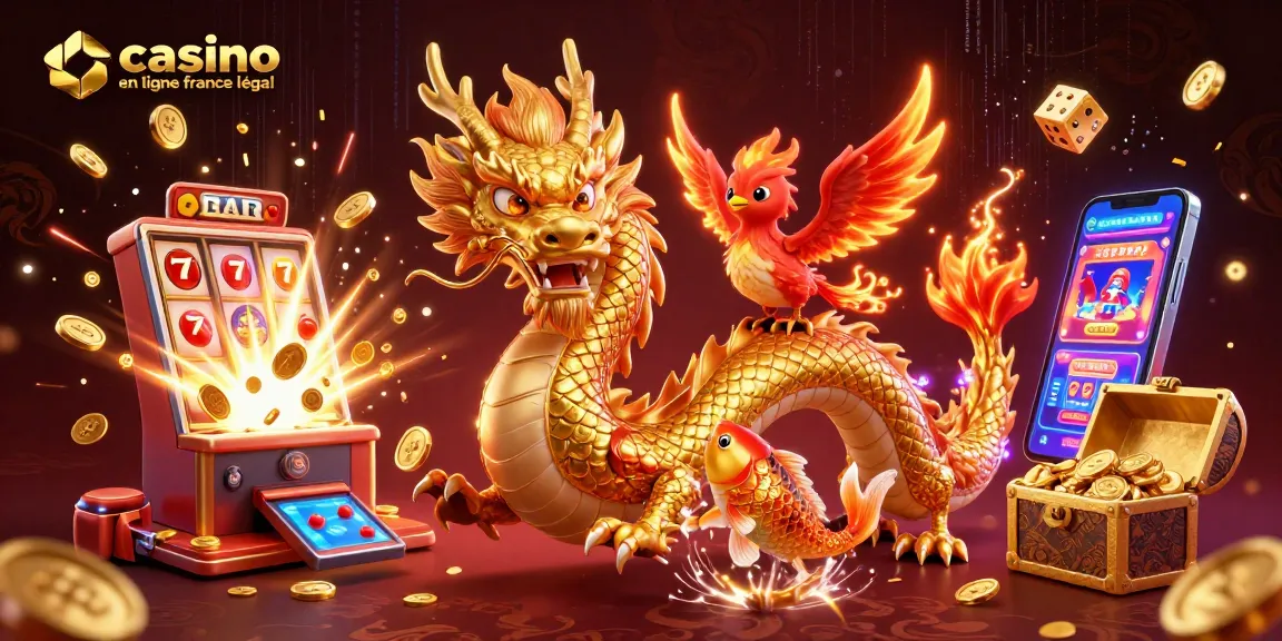 Visuels captivants de casino en ligne France légal, avec dragon, phoenix et pièces d'or.