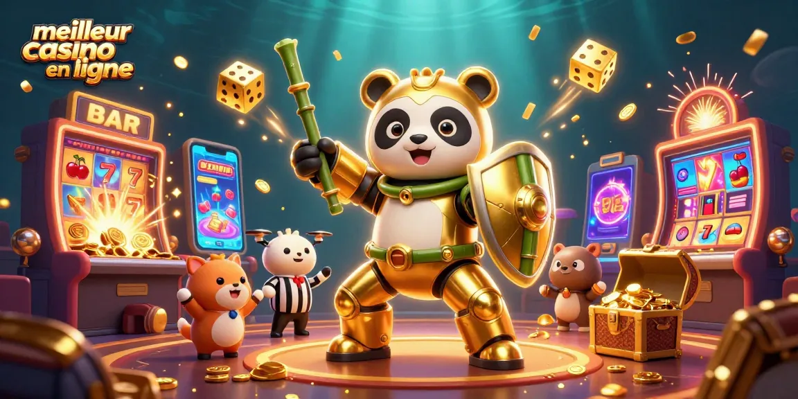 Scène dynamique illustrant le meilleur casino en ligne avec un panda en armure pilotant un robot au milieu d'une explosion de jackpots.