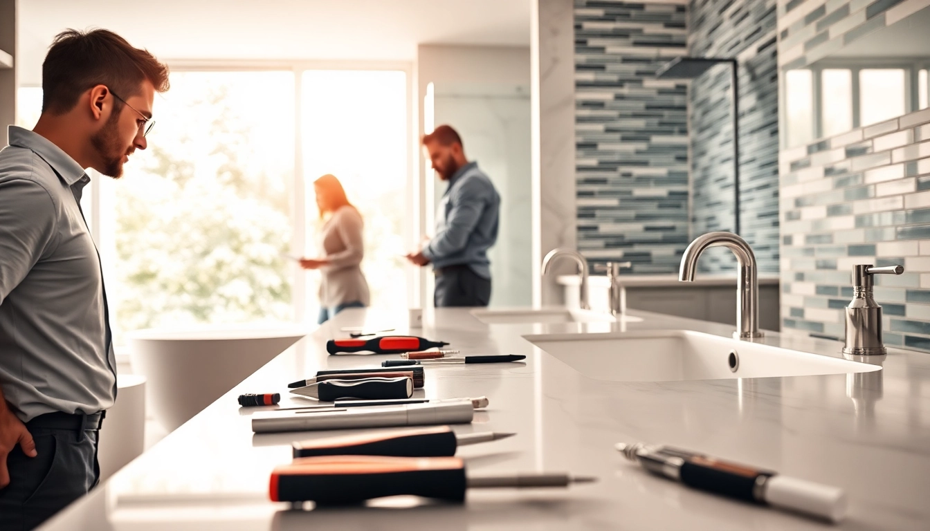 Bathroom remodelers renovating a modern bathroom with elegant design features and tools visible.