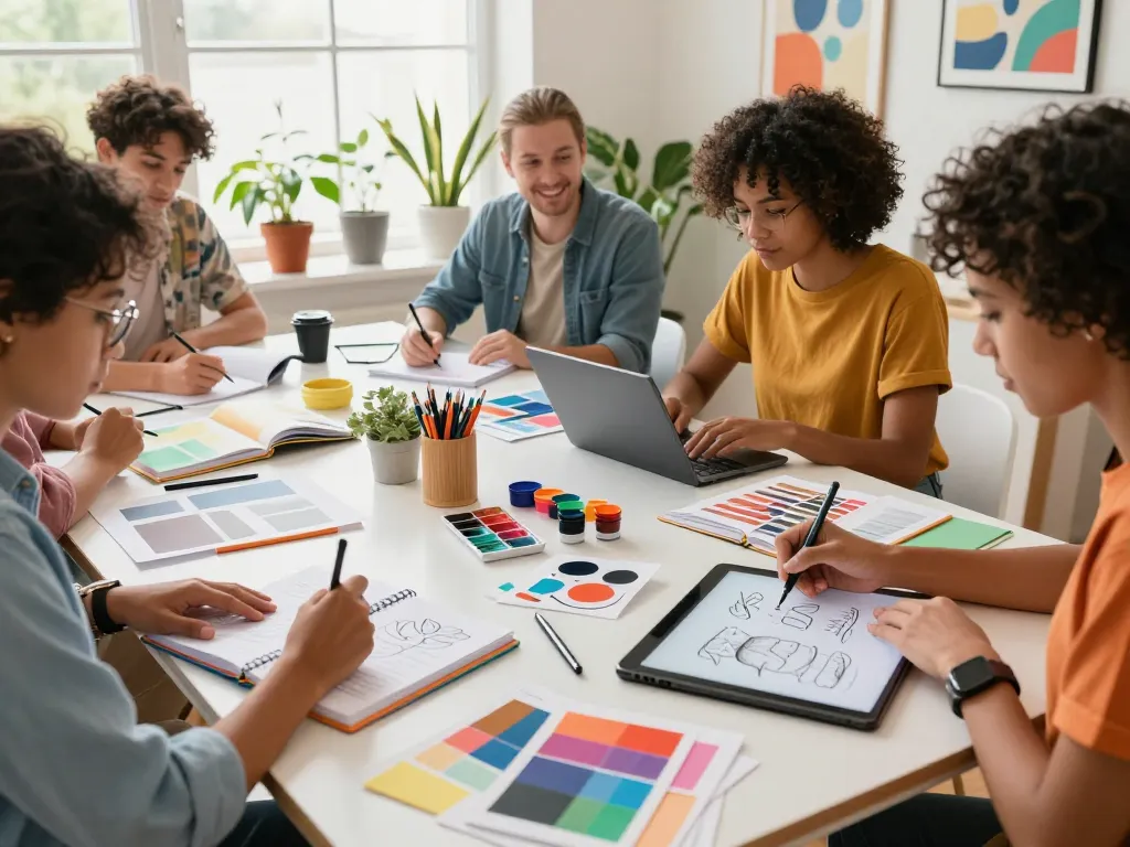 Artists designing custom notebooks in a bright collaborative workspace with materials and sketches.