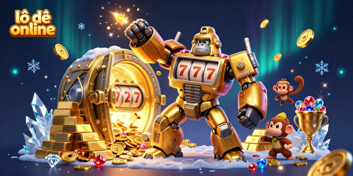 Experience thrilling lô đề online action with a dynamic 3D illustration showcasing a golden gorilla mech amidst treasure!