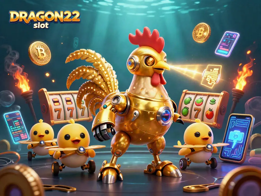 Engage with the DRAGON222 slot excitement in this vibrant 3D digital illustration filled with golden characters and gaming elements.