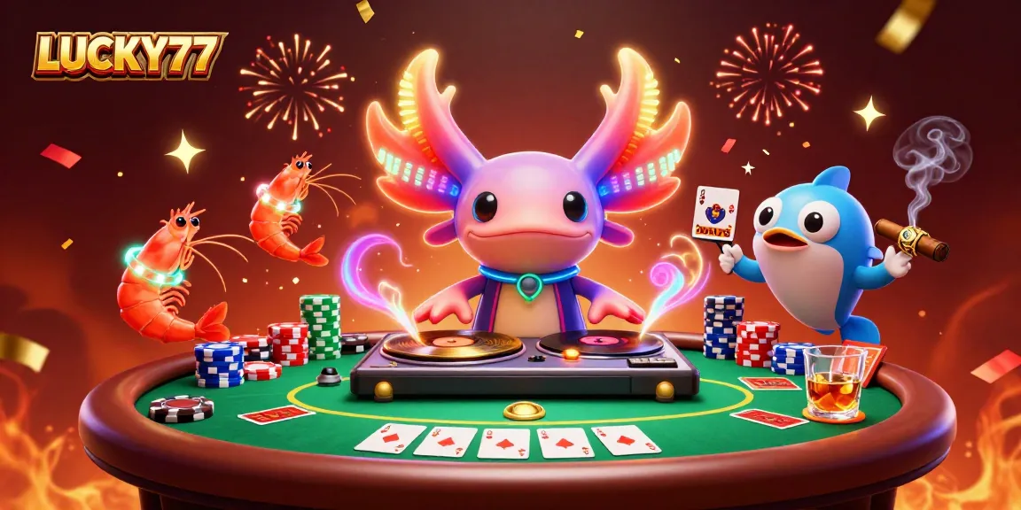 Join the excitement at LUCKY77 with vivid casino characters and vibrant poker scene.