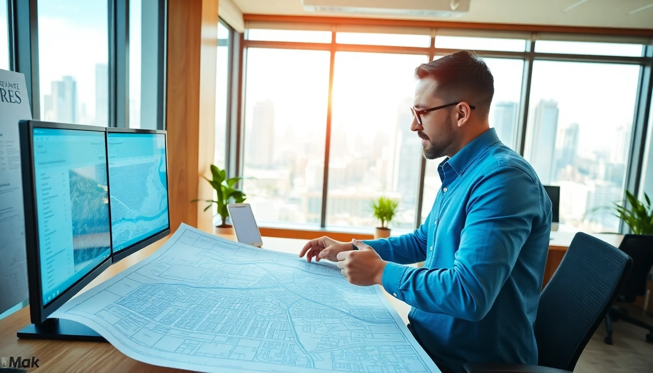Urban planner analyzing city layouts with maps and blueprints in a professional office.