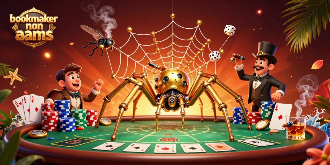 Scopri i bookmaker non AAMS in un'illustrazione vivace e dettagliata di un ragno d'oro steampunk e un gentiluomo volante.