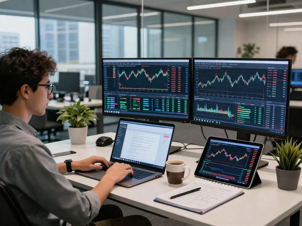 Visual of a developer utilizing index constituent stocks API in a modern workspace filled with financial data and analysis tools
