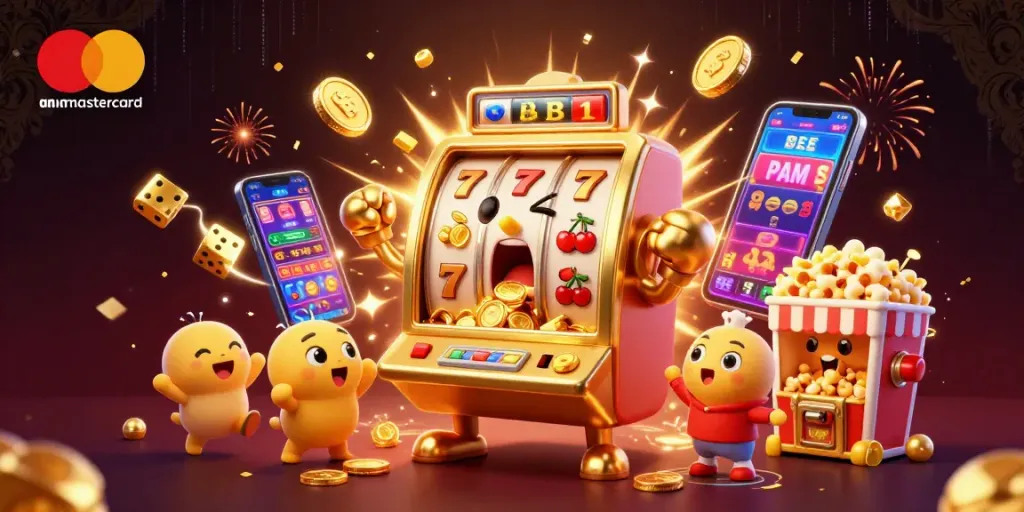 Experience wins at visa and mastercard casinos with vibrant slot machine action and gold coins erupting.