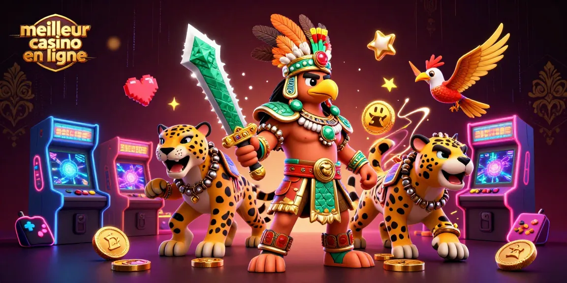 Plongez dans le meilleur casino en ligne avec des guerriers Aztec entourés d'éléments de jeu colorés.