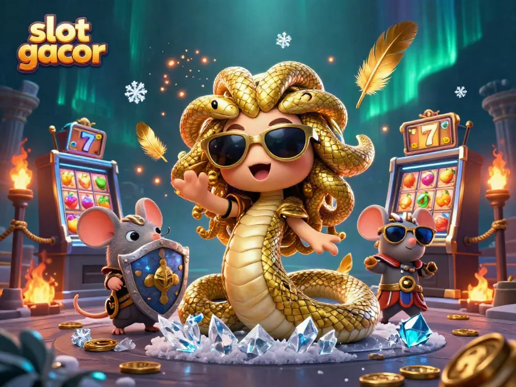 Slot gacor dengan ilustrasi Medusa, mouse prajurit, dan elemen kasino yang meriah.