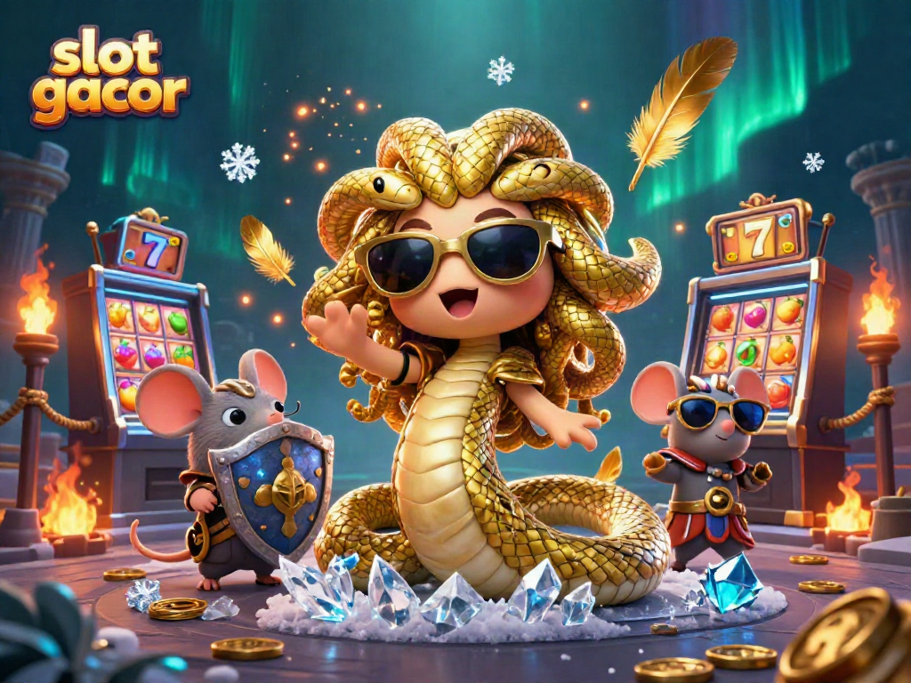 Slot gacor dengan ilustrasi Medusa, mouse prajurit, dan elemen kasino yang meriah.
