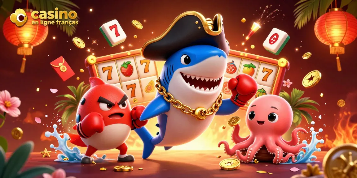 Illustration animée de casino en ligne français avec un requin pirate et des éléments de jeu dynamiques